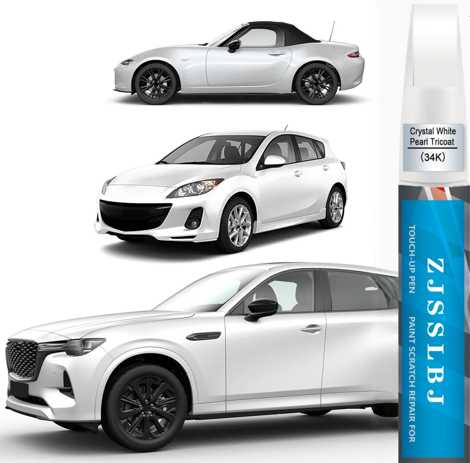 Car Touch up Paint(Crystal White Pearl Tricoat 34K/41K) Compatible with Mazda, Car Paint Pen Scratch Repair Two-In-One Touch Up