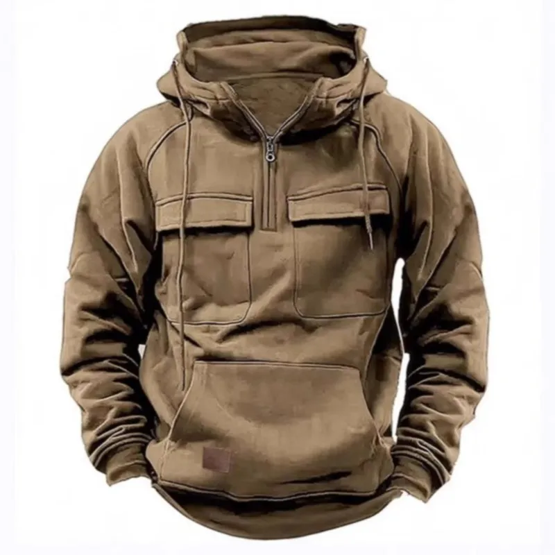 

New Autumn-Winter Men's Hooded Retro Solid-color Loose Casual Hoodie - Fashionable Young Man Multi-pocket patch Hoodie Pullover
