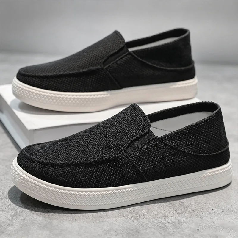 Herren Leinen Slip-On Loafer Atmungsaktives Gewebtes Obermaterial Verschleißfeste Gummisohle Lässige Tägliche Gehschuhe Flache Schuhe – Detail 1