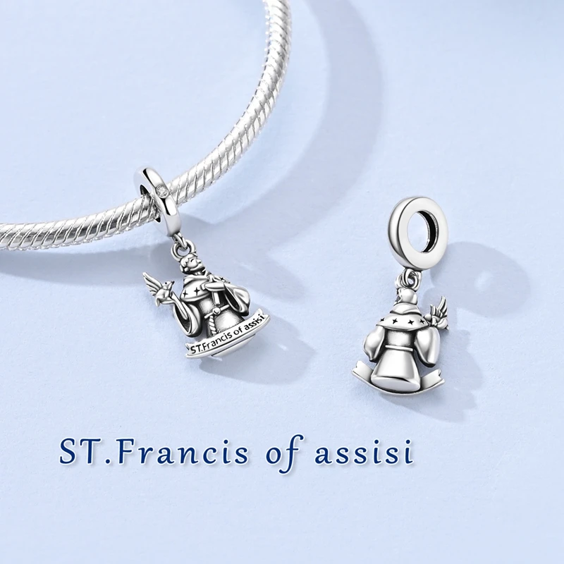Beads 925 Silver ST Francis of Assisi Pendant Fit Bracelet Bag Keychain Charms for DIY Bracelet Necklace Religious Faith Jewelry