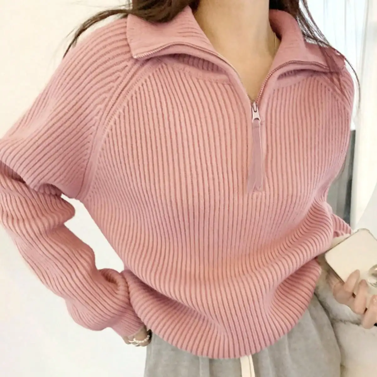 Korean 2024 Autumn and Winter New Korean Design Half-Zip Turtleneck Retro Lazy Style Knitwear Knitwear Top