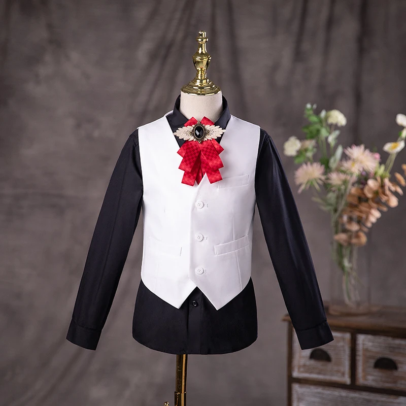 Flower Boys White Baptism Suit Kids Jakcet Vest Pants 3PCS Formal Wedding Dress Children Birhtday Photograph Performance Costume