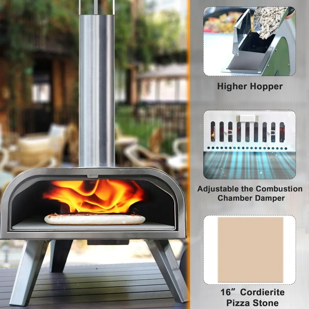 OVEN Pizza Wood Pellet Grill Outdoor Portable 16 inch Fired Pizza Maker with Pizza Stone & Built-in Thermometer