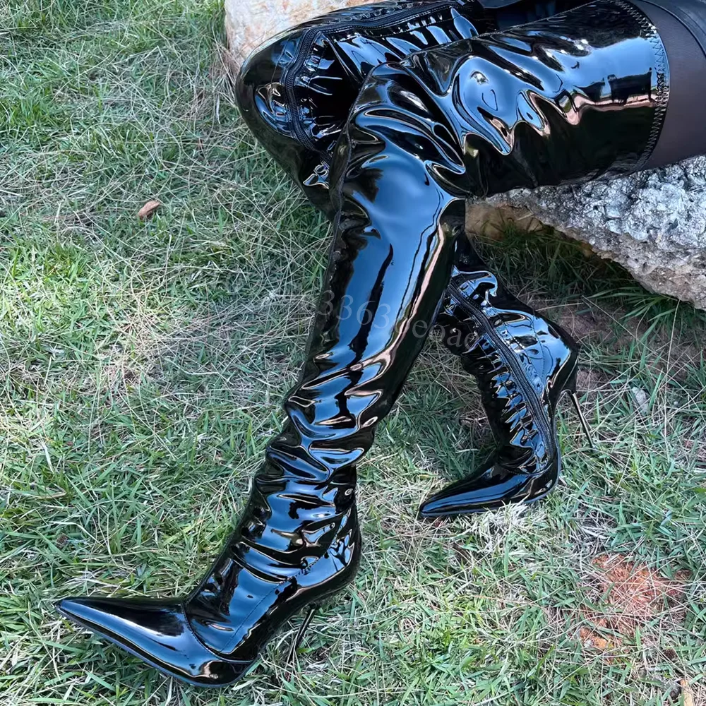 Siede Zipper Skintight Oberschenkel Hohe Stiefel Metall Dünne High Heel Schuh für Frauen Patent Leder Mode Schuh 2025, Zapatos Para Mujere