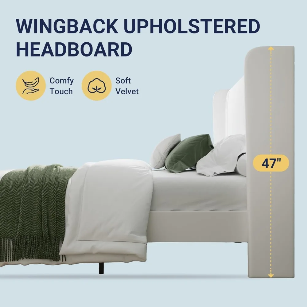 Velvet Queen Size Platform Bed Frame with Vertical Tufted Wingback Headboard, Easy Assembly, Underbed Storage, No Box Spring Nee