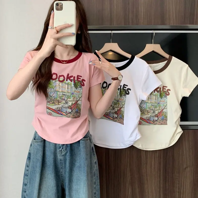 Women Summer Korean Simplicity Loose Printing Letter Letter Pink Cotton O-neck Soft Short Sleeve Women Clothes Tee Shirt Top Tee