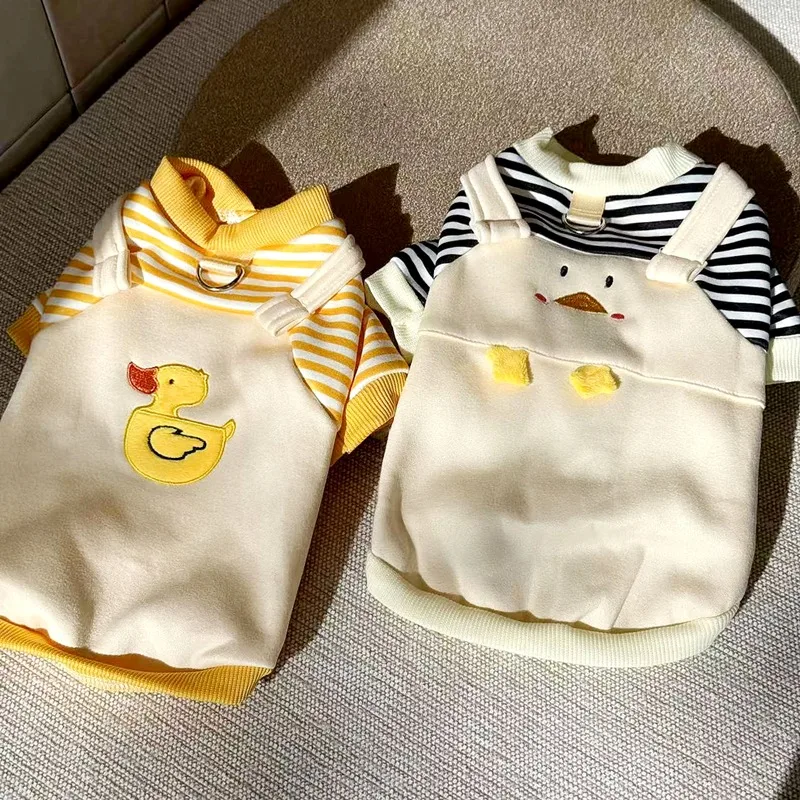 

Cute Duck Embroidered Dog Clothes Pet Winter Clothes Teddy Warm Sweatshirt Bichon Striped Bib Pants Pet Supplies
