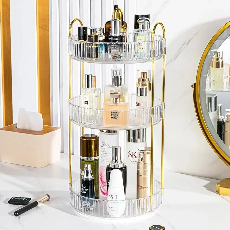 

360° Rotating Makeup Organizer for Vanity, 3 Tier Large Skincare Make Up Storage Perfume Organizers for Bathroom Counter, Clear