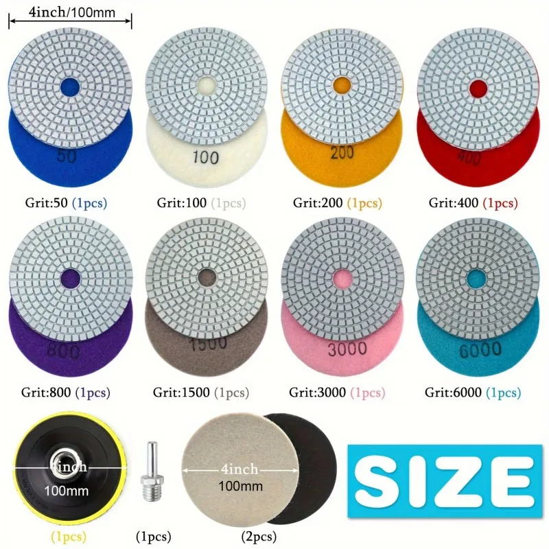 ​​12pcs 4 Inch (100mm) Diamond Polishing Pads Kit Wet/Dry for Granite Concrete Marble Stone, with 5/8"-11 Backer Pad​