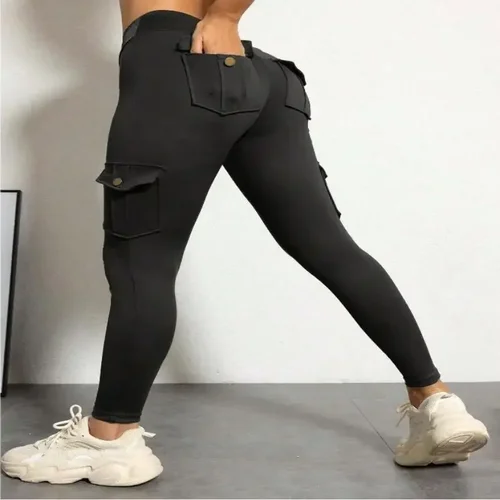 Imagen 2 del producto Leggings de Color sólido para mujer, mallas deportivas de cintura alta, pantalones de Yoga, ropa de trabajo deportiva con bolsillo práctico