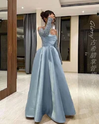 Blue Beadings Prom Dress Formal Occasion Dress Long Sleeves Sequins Off Shoulder Evening Dress Wedding Party Dress Custom Made