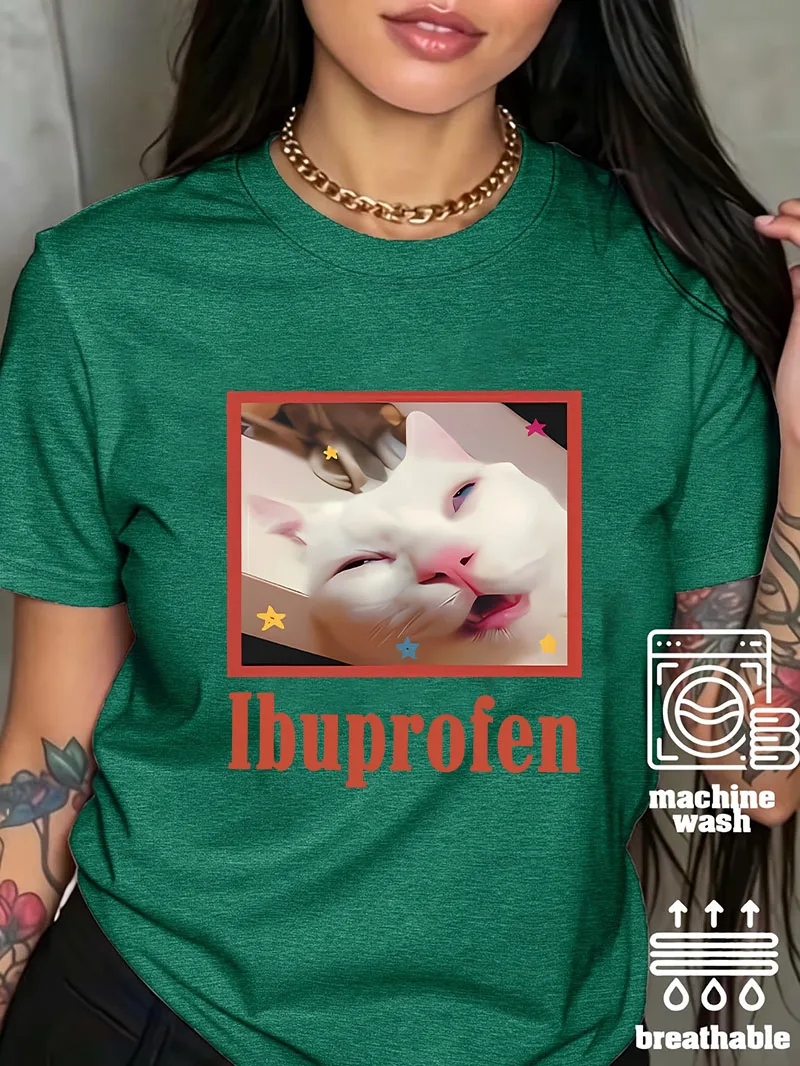 Trendy Women's Funny Ibuprofen Meme Cat Graphic T Shirt Cat Meme Art Print Short Sleeve Crewneck Tee Summer Casual Clothing