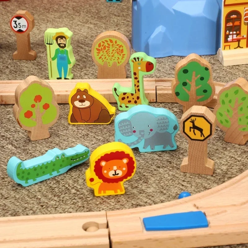 Juego de vías de tren de madera para niños, rompecabezas de madera, ranura de riel de tránsito de madera, tren de madera, trenes de juguete eléctricos para niños