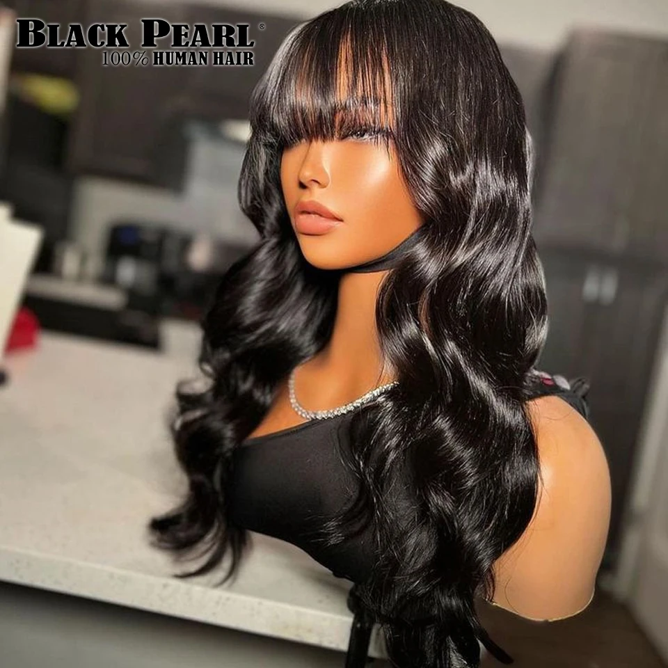 Wig rambut manusia gelombang tubuh dengan poni rambut manusia Remy Brasil wig depan renda dengan poni untuk wanita wig renda yang telah ditanami