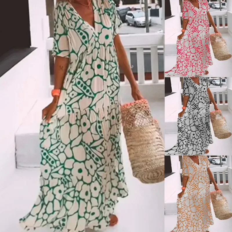 

TOY-Summer New Women's Dress Printed Short SleeveVCollar Dress