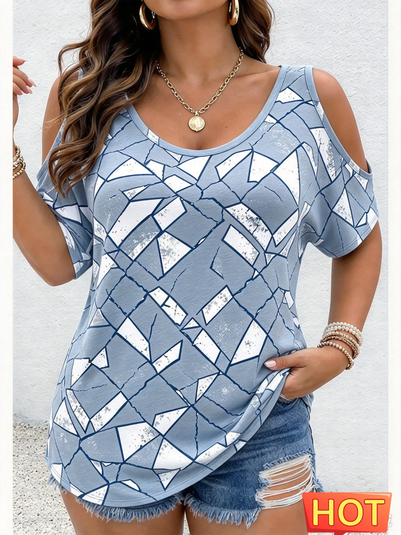3D Geometric Plaid Printed T Shirt For Women Fashion Ladies Cold Shoulder Tops Casual O-neck Short Sleeve Summer Loose Girl Tees