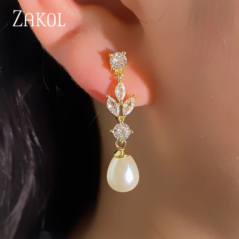 ZAKOL-pendientes de circonia cúbica para mujer, aretes colgantes con corte Marquesa, hoja de perla de imitación, joyería de boda a precio de fábrica FSEP2179