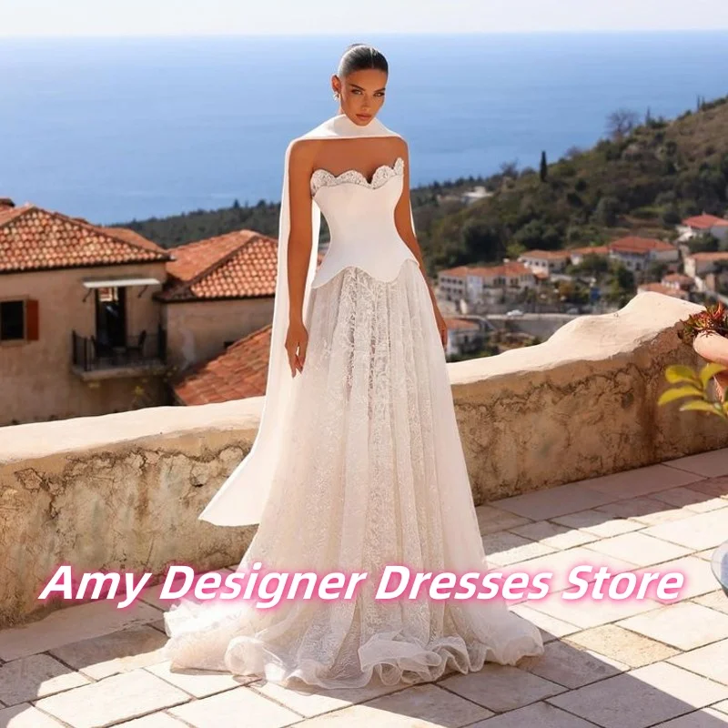 

Exquisite Lace Applique Strapless Evening Dresses For Arabic Females Long A-Line Wedding Party Dress Dinner Gowns Customized