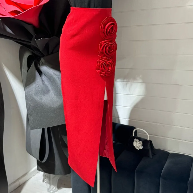 

High Quality New Design 3D Flower High Slit Skirt for Women Elegant Birthday Party Celebrity Skirts Night Club Wear