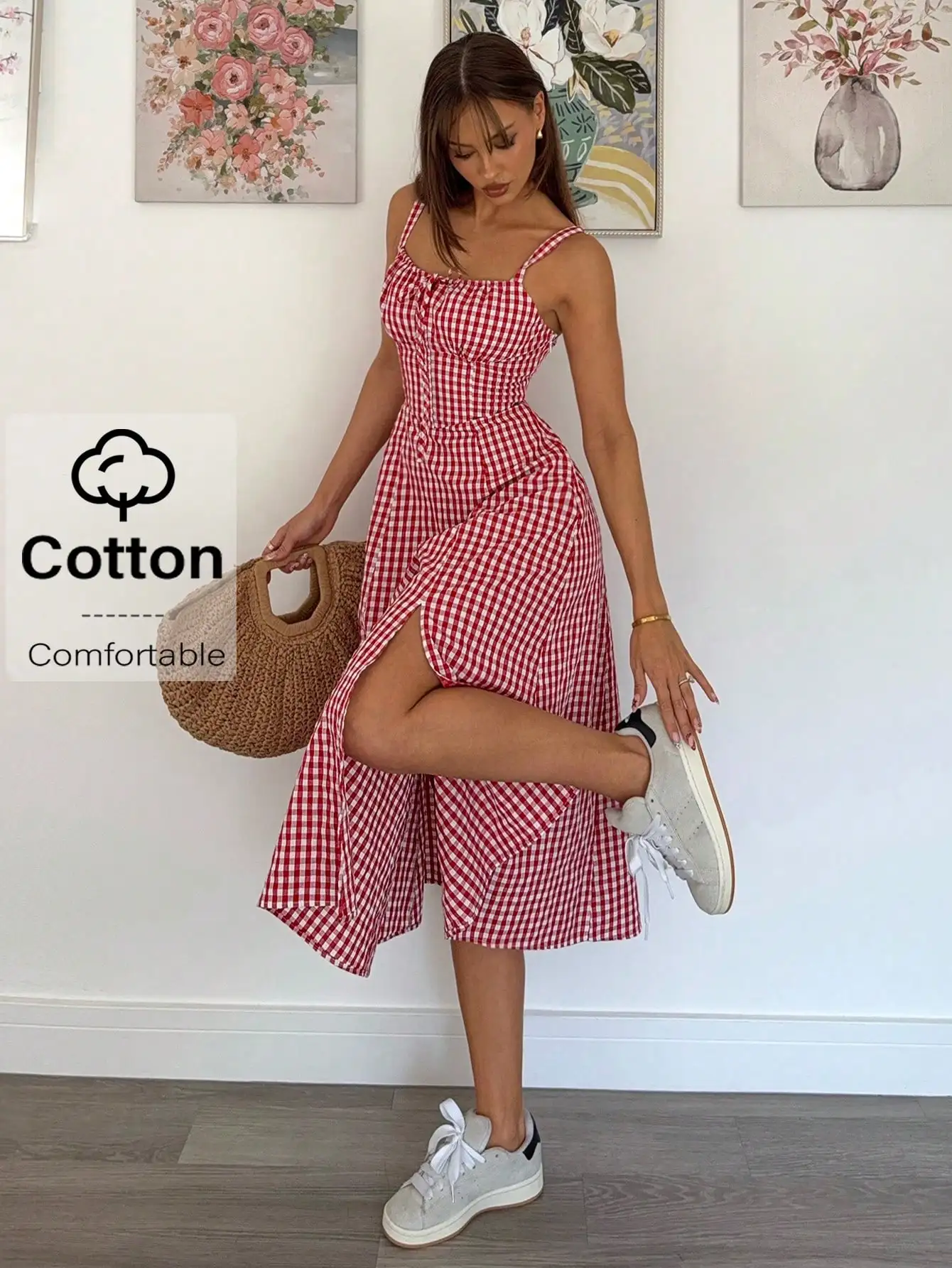 

Красно-белое платье миди в клетку с бретелями и боковым разрезом, хлопок, повседневная летняя одежда