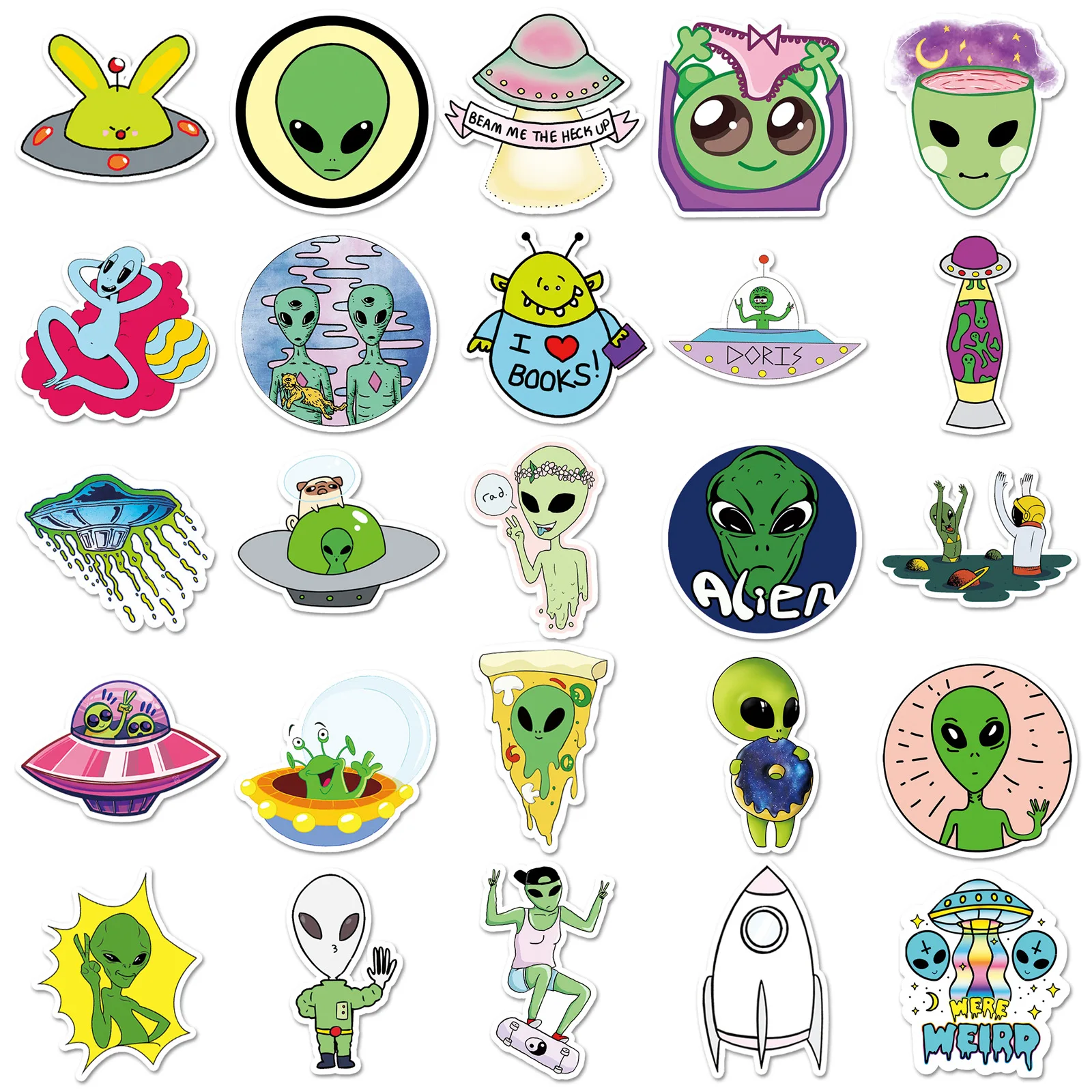 10/30/50 sztuk kosmos naklejki UFO Alien astronauta Rocket Cartoon naklejki prezenty zabawki dla dzieci DIY Skateboard Laptop telefon F5