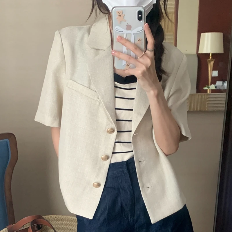 Kroean Chic Coats Femme Casual Lazy Style Clothing 2024 Summer French Vintage Single-Breasted Short Sleeve Blazer Solid Jacket