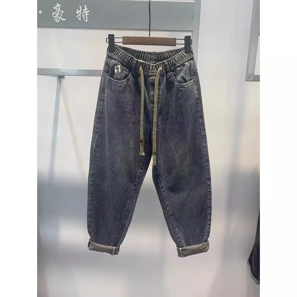 

Мужские джинсы-багги большого размера на осень-зиму, с эластичным поясом, винтажные, повседневные, из денима, с эффектом потертости