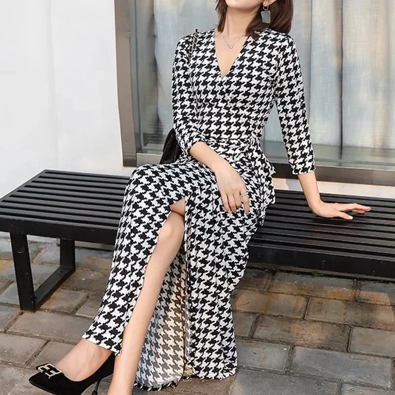 Houndstooth Print Long Summer Dress for Women Half Sleeve V Neck Belted-Up Wrap Waist Maxi Dress Elegant Party Evening Robe