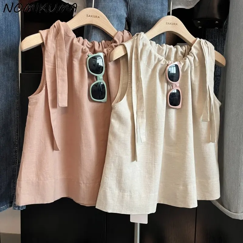 Nomikuma Bandage O-neck Sleeveless Apricot Linen Vests Women Clothes 2023 Summer Korean Causal Solid Pullover Tanks Top