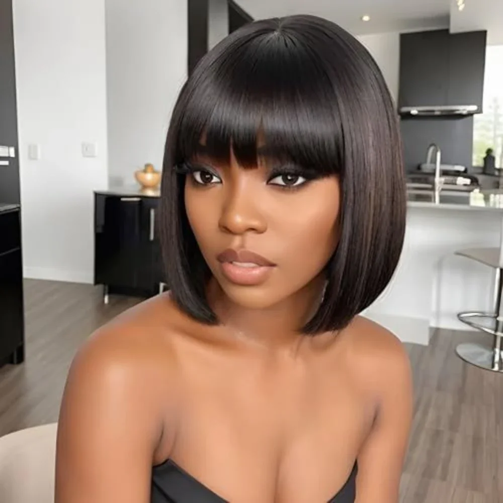 

High-Quality Bob Wig with Bangs - Brazilian Silky Yaki Straight Human Hair - Perfect for Women's Daily Use & Cosplay Affordable