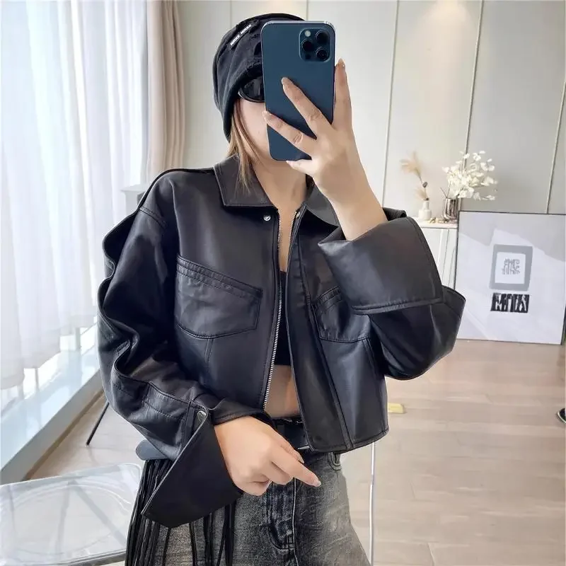 Women Black Genuine Leather Jacket Sheepskin Semi Vegetable Tanned Motorcycle Short New Design Jacket