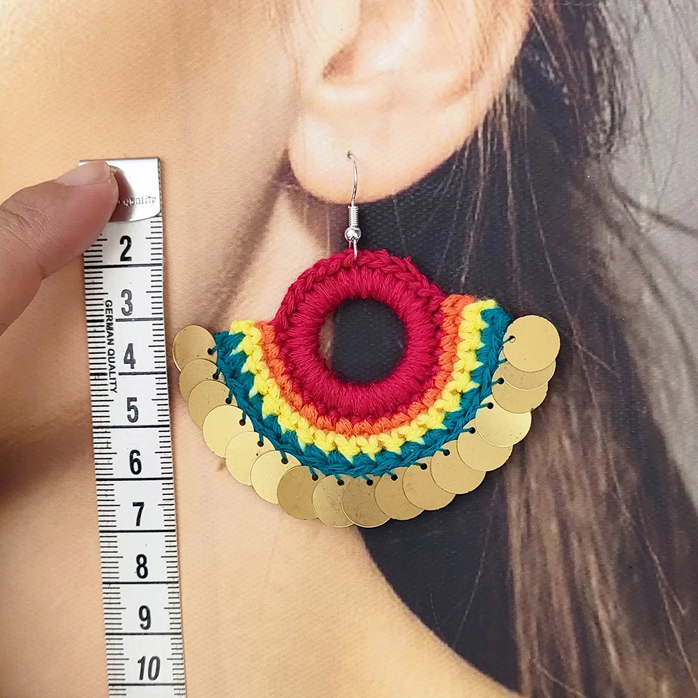 2024 Original Woman\'s Crochet Rainbow Sector Earrings With Sequins New Fashion Boho Dangle Drop Earrings