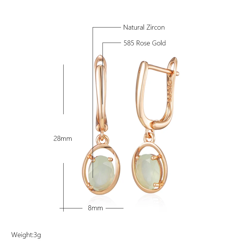 Kienl New Simple 585 Rose Gold Dangle Earrings for Women Fashion Oval Green Natural Zircon Accessories Vintage Wedding Jewelry