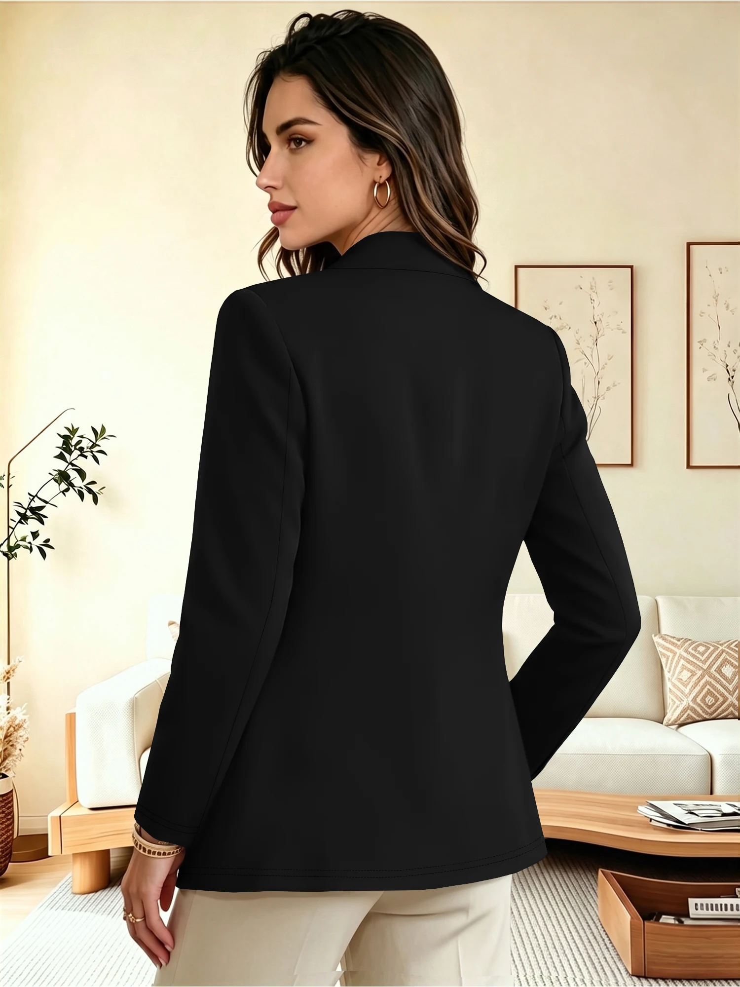 Women Mandarin Collar Open Front Suit Jacket Solid Long Sleeve Slim Fit Office Business Blazer Casual Daily Outerwear