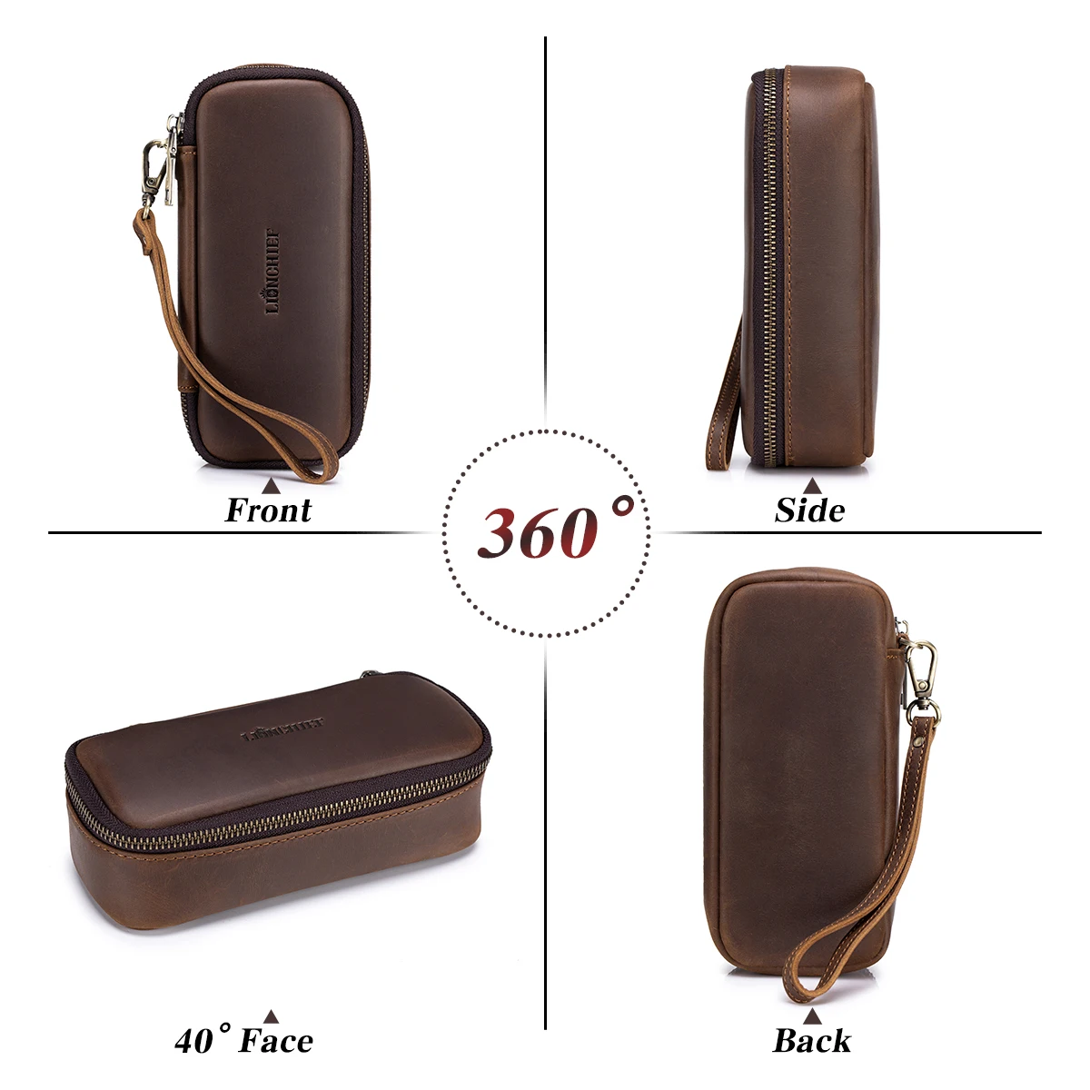 Men's Pipe Pouch,Full Grain Leather Organizer Case, Small Portable Zipper Design for Travel, Holds 2 Pipes