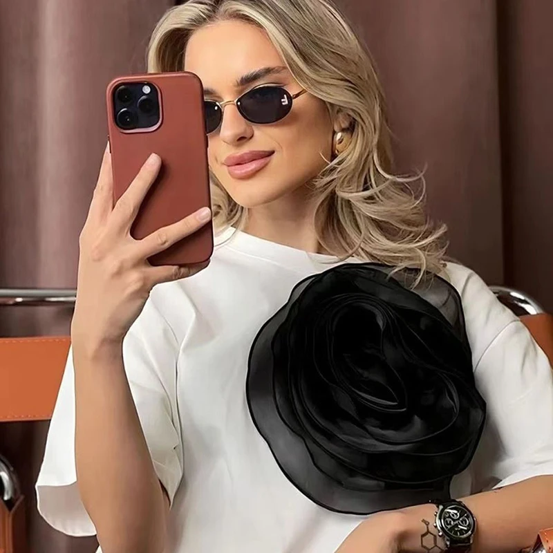 

3d Lace Flowers Women O Neck Short Sleeve T Shirts Fashion Harajuku Business Casual Office Lady Loose Clothing Black White Pink