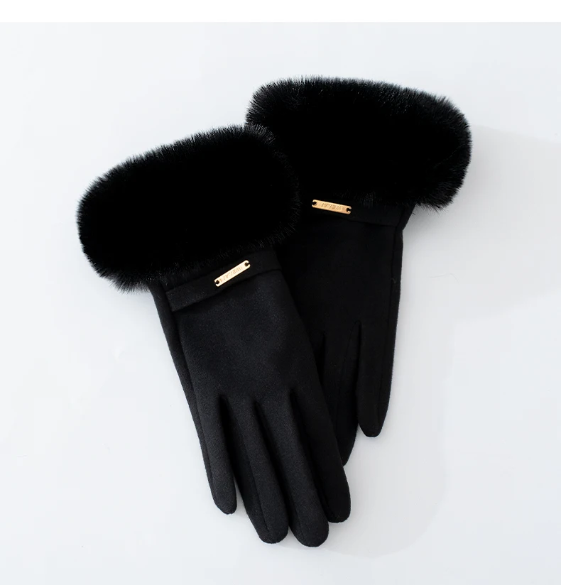 Women Winter Gloves Fashion Metal Label Touch Screen Soft Mittens Lady Female Outdoor Driving Double Warm Fur Gloves