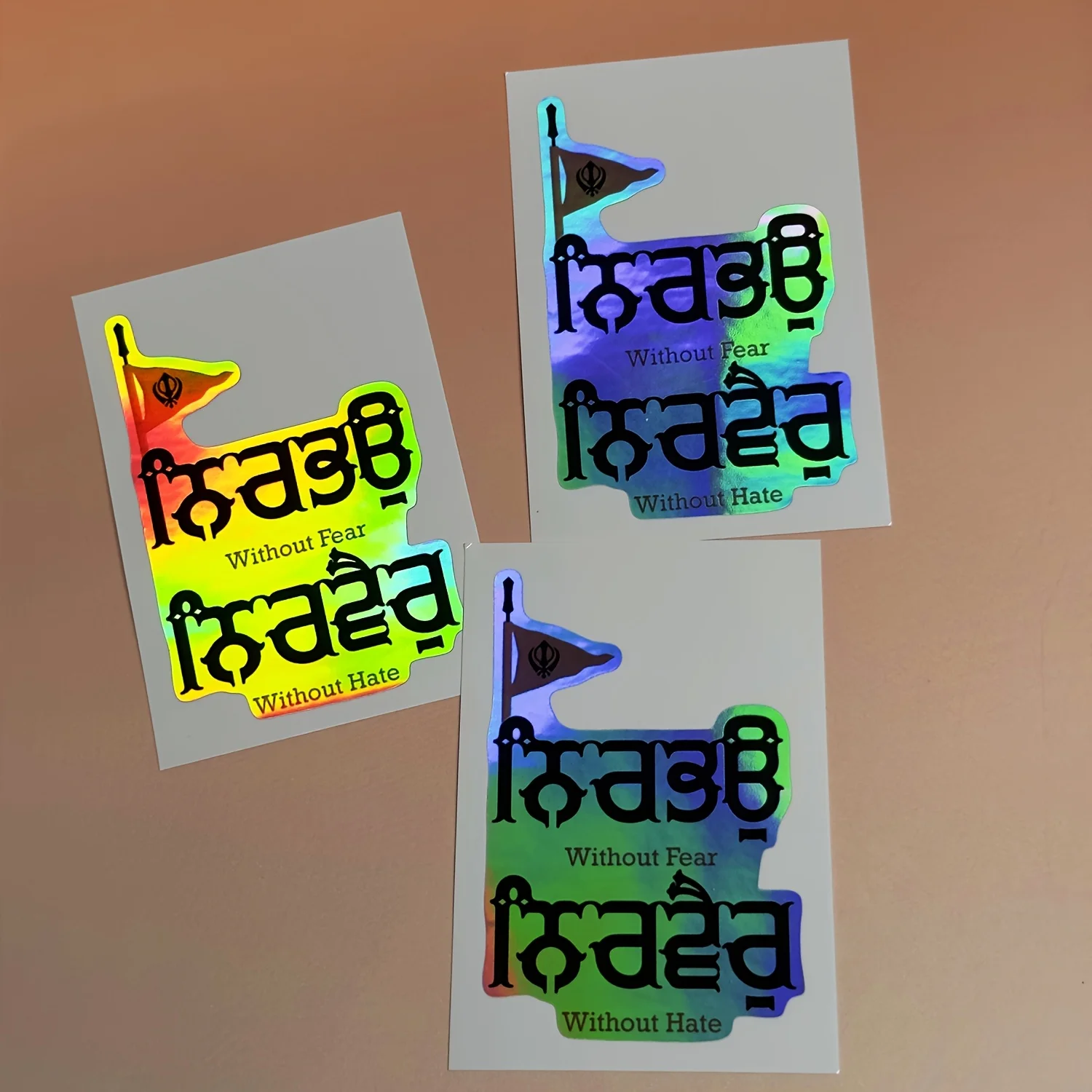 

2pcs Car Sticker - "Without Fear Without Hate" Holographic Vinyl Decal, Sikh Religious Art for Laptop Car Window Bumper Helmet