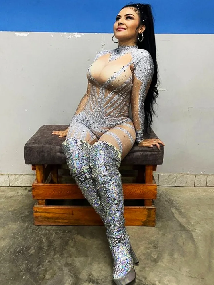 Sparkly Rhinestones Long Sleeve Jumpsuit Nightclub Elastic Leotard  Stage Wear Women DJ Dancer Performance Rave Dance Costume