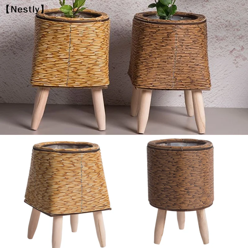 Imitation Rattan Woven Flower Shelf Planters Handmade Storage Basket With Removable Wooden Legs Plant Pot Stand Holder〔Nest〕