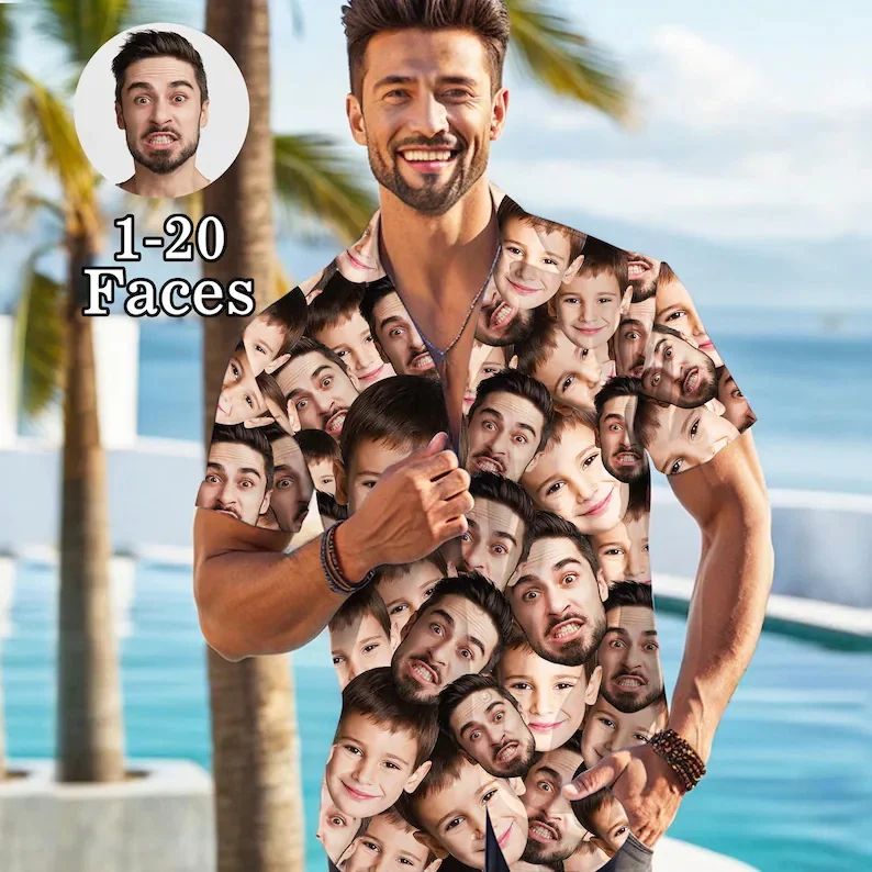 Custom Face Hawaiian Shirt for Men Personalized Multiple Faces Tropical Print Short Sleeve Button Down Aloha Shirt for Vacation