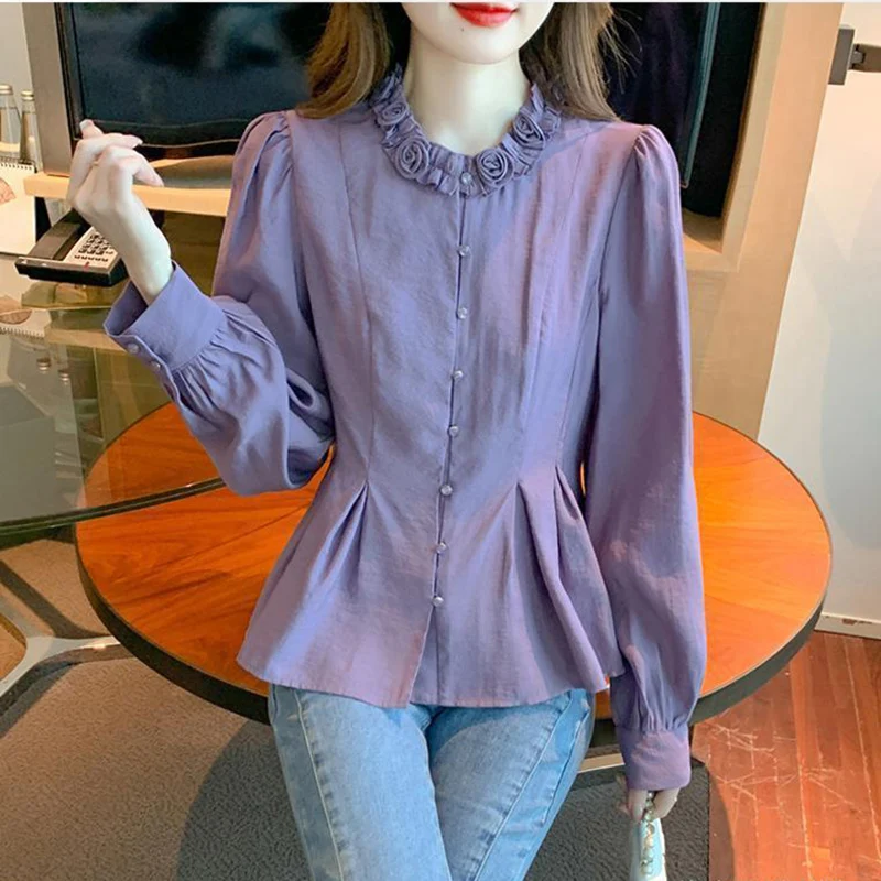 sweet O-Neck Spliced Ruffles Folds puff sleeve Shirts Female Clothing 2024 autumn winter New Loose All-match Tops Chic Blouses