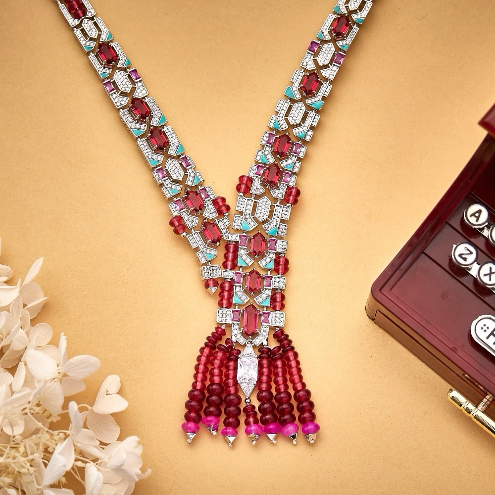 EYER Fashion Unique Bridal Jewelry Set Colorful Green Red Tassel Necklace Earrings For Women Wedding Party Evening Dress Jewelry