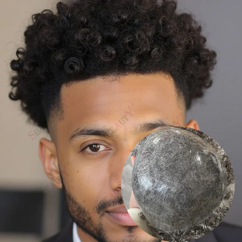 

Undetectable 15MM Afro Curly 1b65 Grey Brown Super Durable Full PU Injection Base Toupee Men Hair Prosthetic African Human Hair