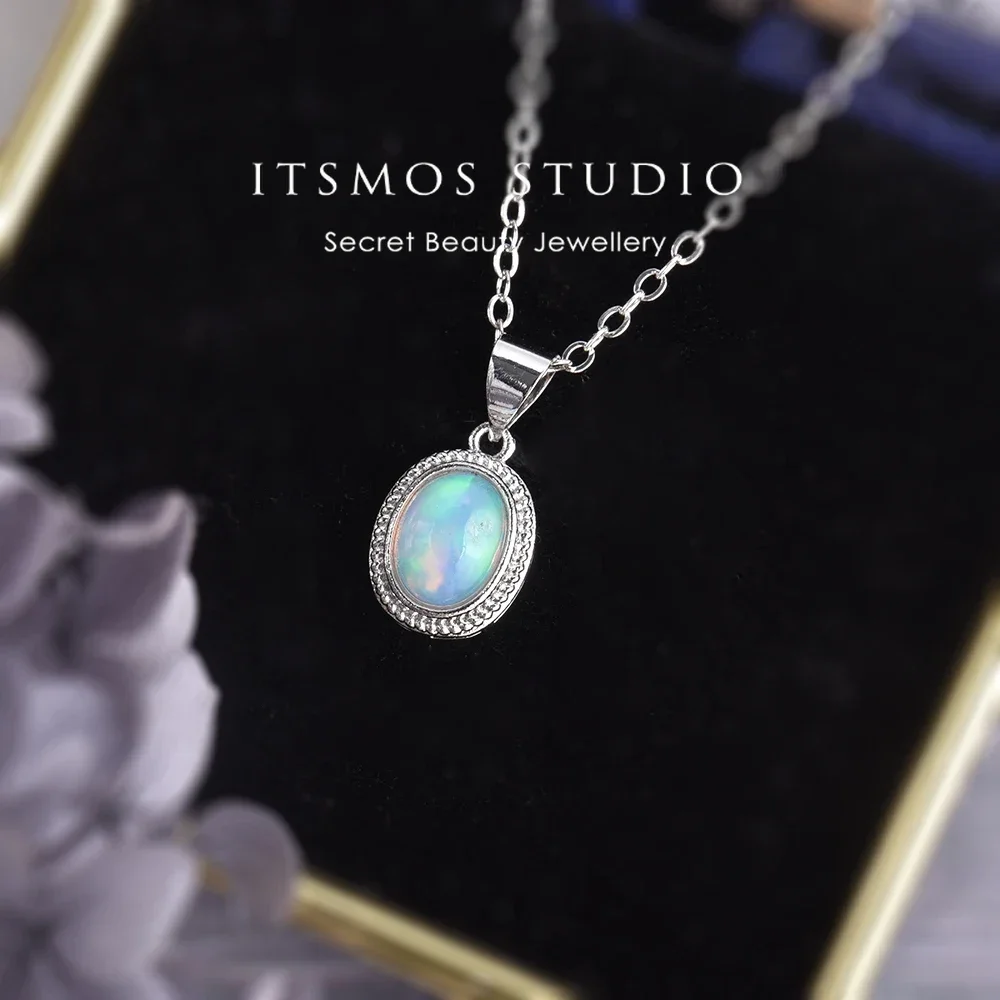 ITSMOS Natural Opal Crystal Pendant Necklace October Birthstone Gemstone Simple Necklaces Fire Light Oval Opal Jewelry for Women
