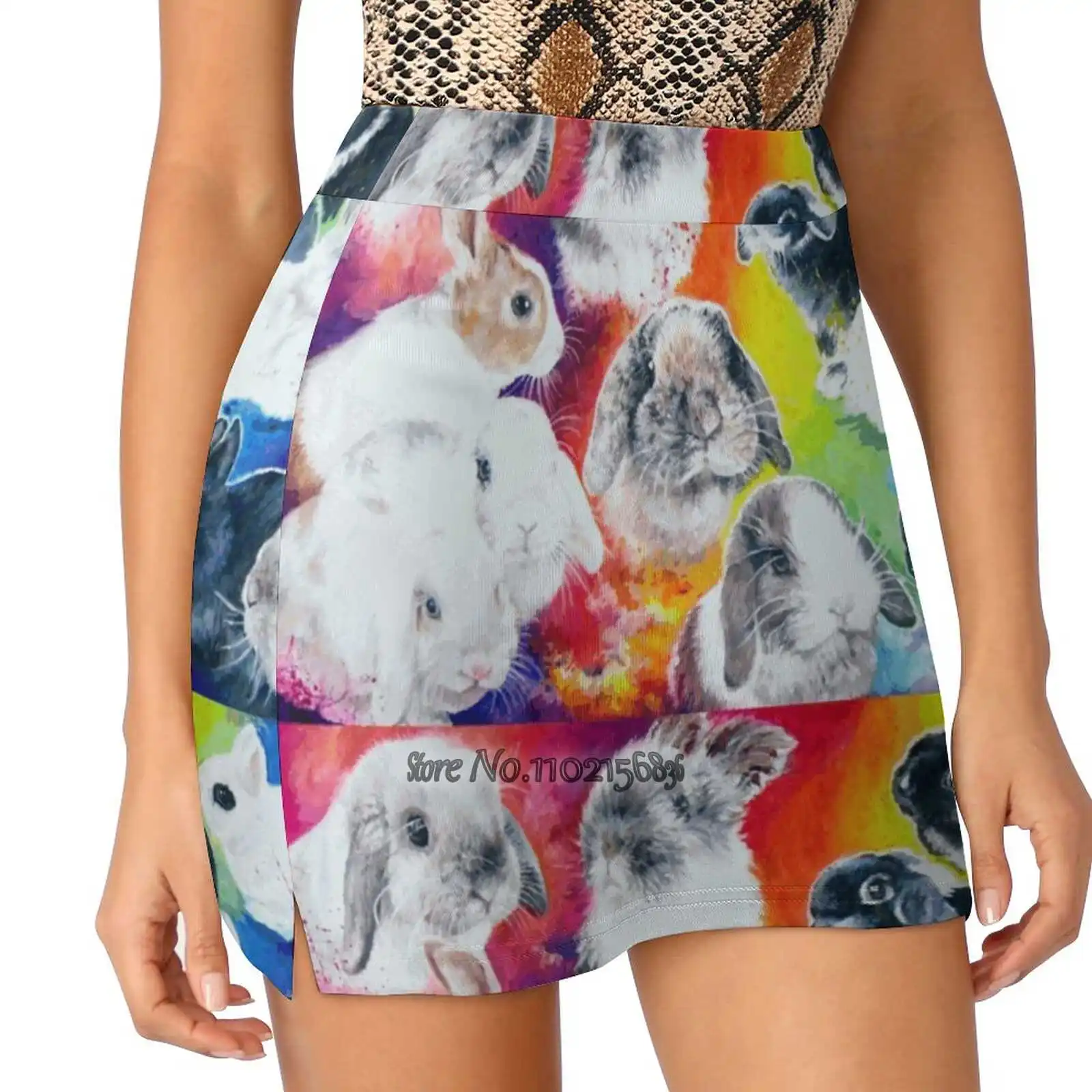 Painted Bunnies In A Rainbow Women Sports Lining Skirt Tennis Dance Fitness Short Printed Skirts Bunnies Rainbow Rabbits