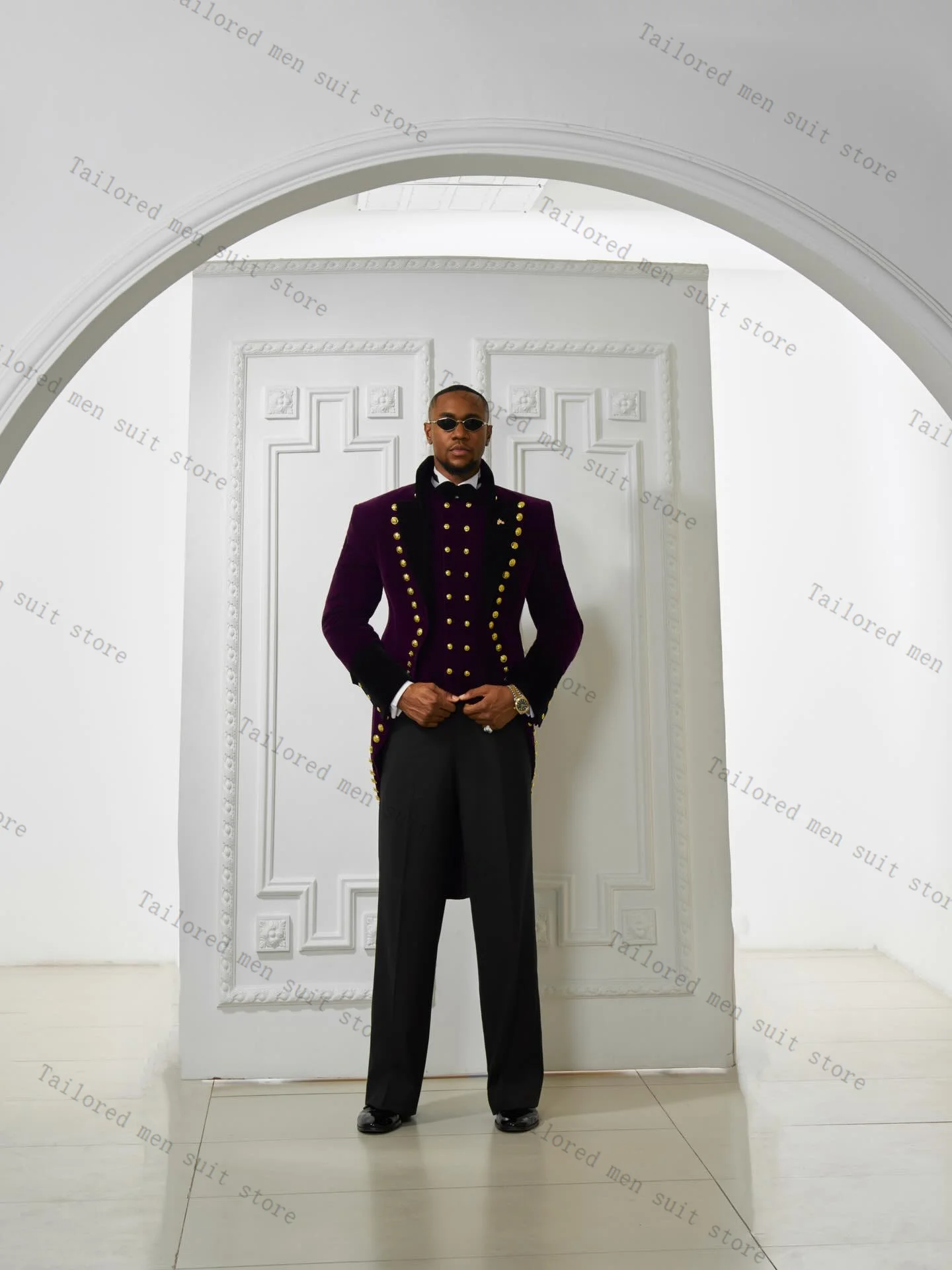 Purple Men Suits Pants Set 2 Pcs Hi-Lo Blazer+Trousers Golden Buttons Wedding Tuxedos Prom Jacket Formal Office Business Coat