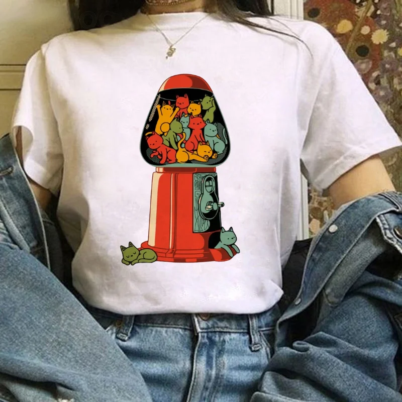 

Красочная кошачья резинка с принтом, милый мультяшный узор, женская модная стильная одежда с короткими рукавами, белый топ с круглым вырезом и принтом