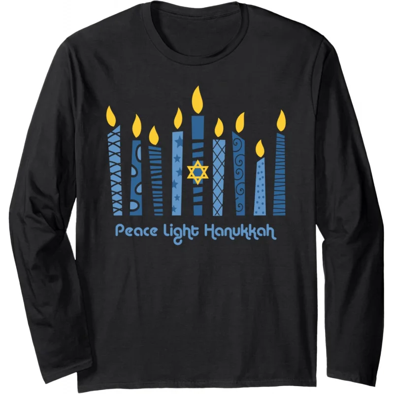 Hanukkah themed long sleeved T-shirt with candle patternloose black men's top