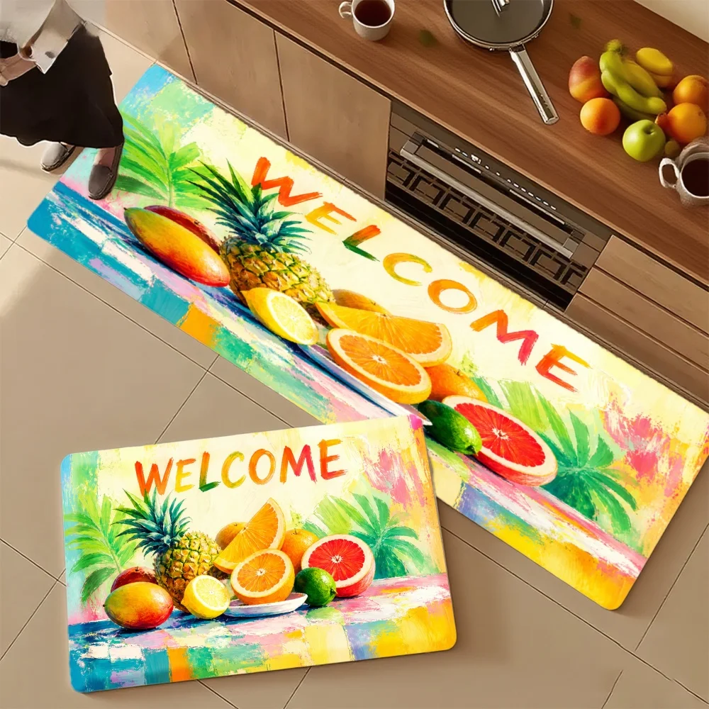 3PCS Mat Set,  Home Decoration for Front Door, Kitchen,  Tropical Fruits Pineapple Orange Mango Welcome Pattern Kitchen Rug.